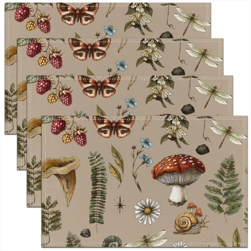 Miniatura 29 de Juego de 4 manteles individuales con diseño de hongos salvajes, acuarela, plantas naturales, decoración de plantas, para niños, adolescentes
