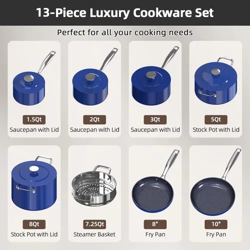 Miniatura 8 de Nuwave Lux - Juego de utensilios de cocina ligeros forjados de 13 piezas, sin PFAS, revestimiento de cerámica saludable G10 Duralon, ultra Azul