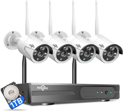 Hiseeu [Grabación 24/7] Sistema de cámara de seguridad para el hogar, sin suscripción, NVR 4K con cámaras Bullet para exteriores con alimentación