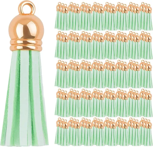 Miniatura 48 de Mandala Crafts 100 borlas de gamuza sintética color aguamarina con tapa dorada, suministros para hacer llaveros a granel, pequeñas borlas de cuero