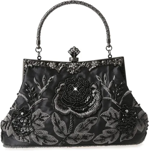 Bolso de mano de estilo vintage con cuentas florales y strass para mujer, con bordado de lentejuelas, bandolera para novia, boda, fiesta de
