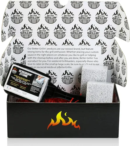 Better Grillin' Paquete de regalo - Mango limpiador de arrugas con tres piedras para proteger las manos y las uñas mientras limpia barbacoas,