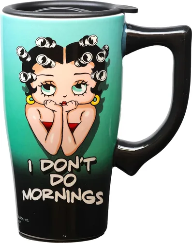 Spoontiques - Tazas de cerámica para viajes - Taza de Betty Boop "I Don't Do Mornings" - Para bebidas calientes o frías - Regalo para amantes del