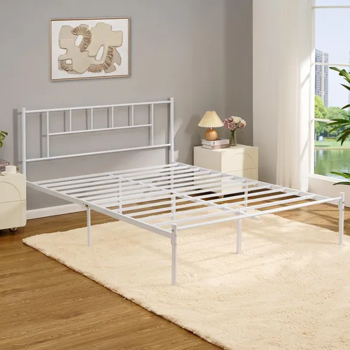 Miniatura 7 de VECELO Marco de cama de plataforma de metal completo con cabecero, soporte de listones de acero resistente, almacenamiento debajo de la cama,