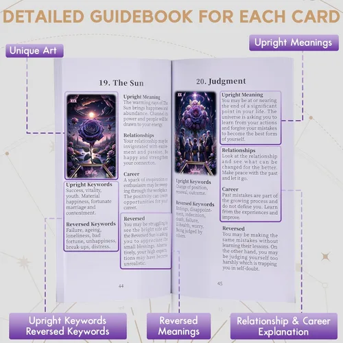 Miniatura 5 de Baraja de cartas de tarot para principiantes con libro guía, bonita y única de 400 GSM gruesa rosa morada (original) cartas de tarot oráculo