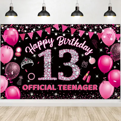 Telón de fondo para fotografía de cumpleaños de 13 niñas, color rosa intenso, con purpurina y diamantes de color rosa intenso, para fotos de fiesta,