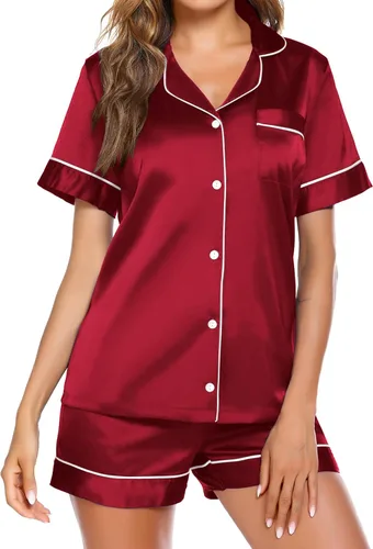 Ekouaer Pijama de satén para mujer, con botones, ropa de dormir de suave tacto sedoso, para descansar en casa, camiseta de manga corta y pantalones