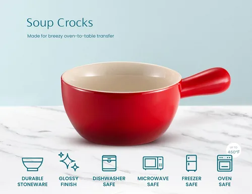 Miniatura 5 de Kook Cuencos de sopa de cebolla francesa, cuencos de cerámica apilables con asas, aptos para horno, microondas y lavavajillas, para cereales, sopas