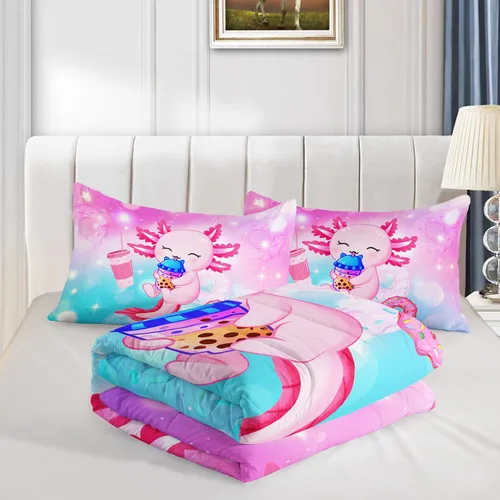 Miniatura 5 de HOSIMA Juego de edredón individual de Axolotl, ropa de cama linda con animales, decoración de habitación para niñas adolescentes, té de leche