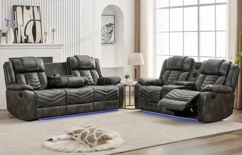 Miniatura 13 de Sofá reclinable manual con altavoces de graves para sala de estar, sofá biplaza reclinable eléctrico de cuero con luces LED, reclinables dobles, 2