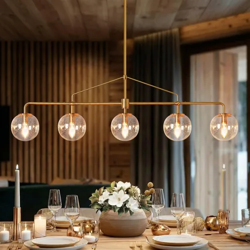 Miniatura 11 de Candelabro Lineal Moderno Negro y Dorado Lámpara de Comedor Accesorio de Iluminación Globo de Cristal Sembrado Candelabro Lineal 6 Luces para Granja
