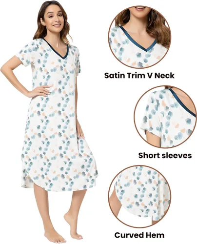 Miniatura 4 de NACHILA Camisones para mujer, viscosa hecha de bambú, cuello en V, manga corta, ropa de dormir fresca