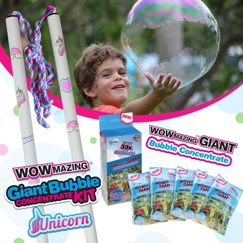 WOWMAZING Kit de burbujas gigantes de unicornio, incluye varita, 7 bolsas de concentrado de burbujas y 8 calcomanías activadas por el sol, juguete