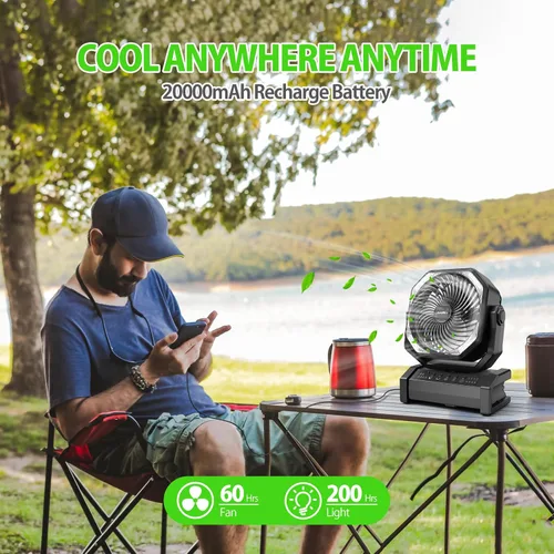 Miniatura 6 de AddAcc Ventilador de camping recargable de 20000mAh - Ventilador operado por batería con luz y control remoto, oscilación automática, temporizador