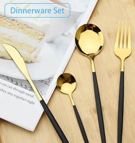 Miniatura 3 de Juego de cubiertos Cuchillo de cena Postre Tenedor Cuchara Juego de vajilla de acero inoxidable Vajilla de cocina 4 piezas Negro