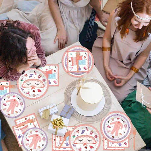 Miniatura 7 de Juego de platos de pijama, servilletas para fiesta de pijama, vajilla de fiesta de spa, cubiertos para niñas, decoración desechable para 24 invitados