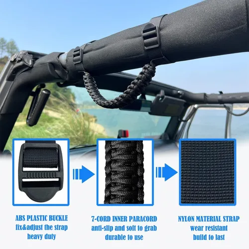 Miniatura 4 de Asas de Agarre de Barra Enrollable para Jeep Asas de Agarre para Jeep Wrangler YJ TJ JK JKU JL JLU 1987-2024 Mango de Agarre Paracord Carga de 250