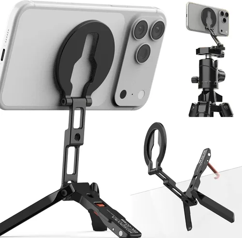 Soporte magnético para teléfono, [ultrafino] trípode magnético para iPhone con Arca-Swiss & Cold Shoe y tornillo de 1/4 pulgadas y diseño de gancho
