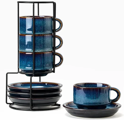 Miniatura 9 de JIEMEI HOME - Tazas apilables de porcelana para espresso con platillos y soporte de metal, tazas Demitasse de 4 onzas para bebidas de café