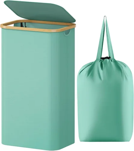 Miniatura 28 de Lifewit Cesta de ropa de 120L con tapa, cestas de ropa para lavandería con asas de bambú y una bolsa de lavandería extraíble, cesta plegable grande