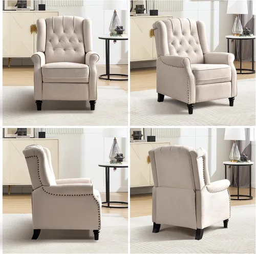 Miniatura 5 de EBELLO Silla reclinable con respaldo de empuje, silla decorativa de tela, reclinable con decoración de remaches, respaldo con botones, sillón