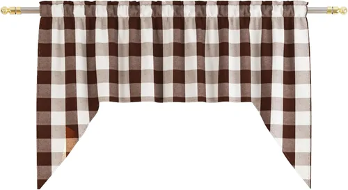 Miniatura 145 de Cenefas de cortina para ventana de 16 pulgadas de largo, 2 paneles de cuadros búfalo, cortinas pequeñas con bolsillo para barra, estilo clásico