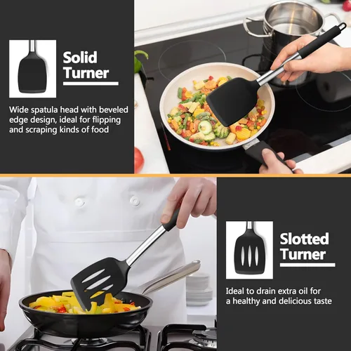Miniatura 6 de P&P CHEF Juego de 4 utensilios de cocina negros de cocina, espátulas sólidas de silicona, cucharas ranuradas, giradores para utensilios de cocina