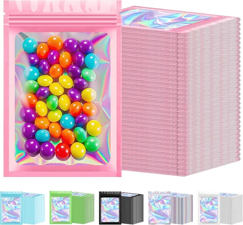 Miniatura 8 de 300 bolsas holográficas de Mylar a granel, bolsas resellables a prueba de olores con ventana transparente, bolsa de aluminio para pequeñas empresas