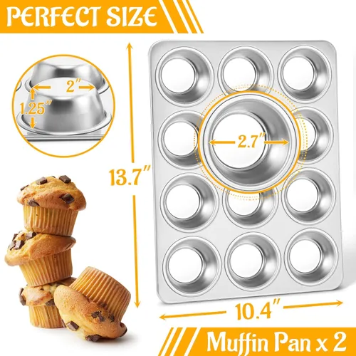 Miniatura 3 de E-far Molde para magdalenas de 12 cavidades, juego de 2, moldes de acero inoxidable para magdalenas, moldes de metal para horno, tamaño regular