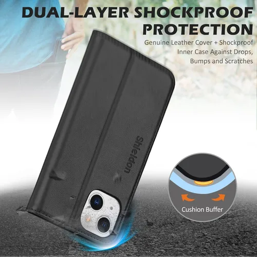 Miniatura 6 de SHIELDON Funda para iPhone 13, de piel auténtica, con función atril, bloqueo RFID, tarjetero de crédito, a prueba de golpes, protección completa