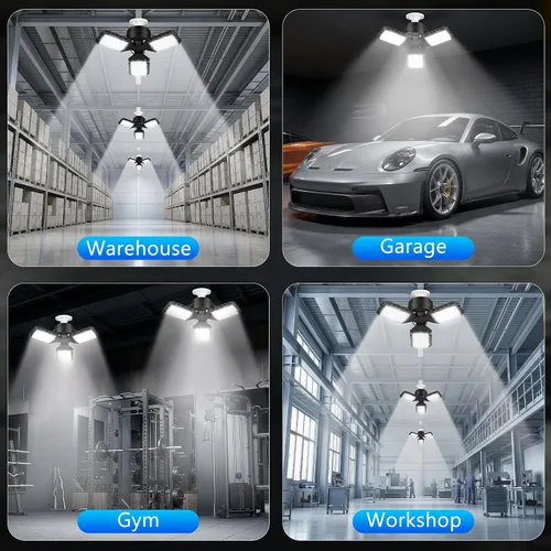 Miniatura 6 de 4 paquetes de luces LED para garaje, 60 W, luz de techo de garaje deformable, 8000 lm, E26, luces de sótano con 3 paneles LED ajustables, se adapta