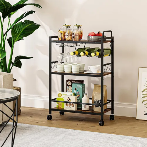 Miniatura 2 de Carrito de Servicio para Bar Doméstico, Carrito de Servicio con Ruedas y Mango, Carrito de Cocina Rodante de 3 Niveles, Carrito para Microondas