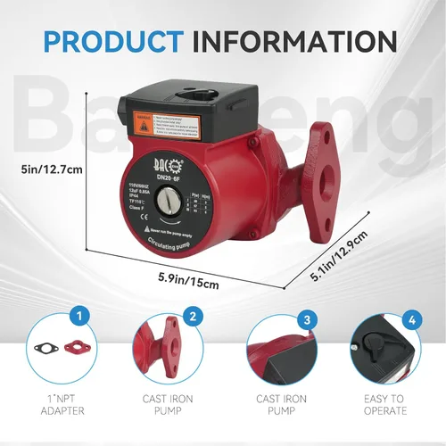 Miniatura 7 de BACOENG Bomba de recirculación de agua caliente con bridas de 110 V, bomba de circulación NPT conmutable de 3 velocidades de 1 pulgada
