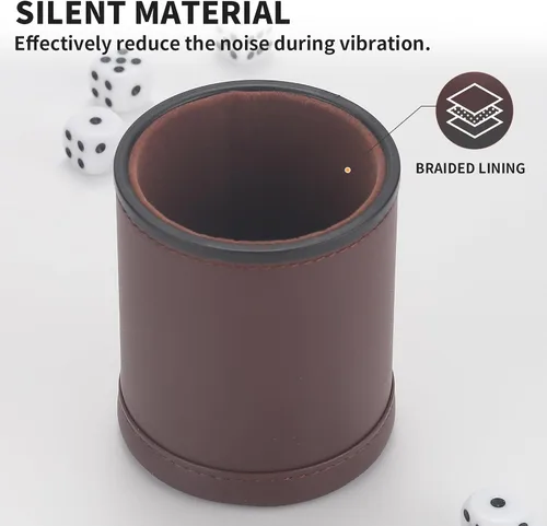Miniatura 3 de Paquete de 5 vasos de dados de piel sintética con forro de fieltro de terciopelo con 25 dados de puntos para juegos de dados Yahtzee Farkle, marrón