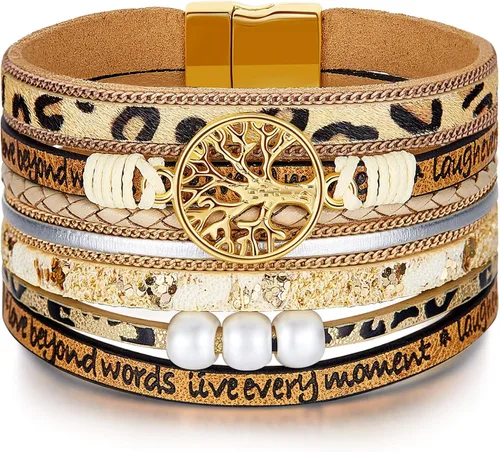 Pulseras inspiradoras de cuero con árbol de la vida para mujeres, regalos de joyería para adolescentes y niñas, Metal, Circonita cúbica