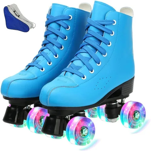 Miniatura 13 de XUDREZ Patines de ruedas para mujeres y hombres, brillantes, de doble fila, cuatro ruedas, patines para mujer con bolsa de zapatos