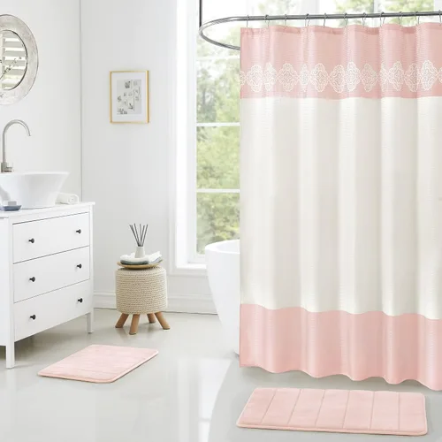 Miniatura 13 de Juego de cortina de ducha de baño de 15 piezas con alfombras de baño de espuma viscoelástica. 2 tapetes de baño antideslizantes de diseño moderno