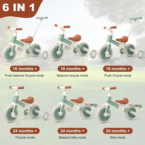 Miniatura 4 de Triciclo para niños de 6 en 1 para niños de 1 a 3 años, bicicleta de equilibrio con manillar, triciclo de equilibrio para bebé con pedal extraíble