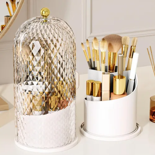 Organizador de brochas de maquillaje con tapa, caja de almacenamiento de brochas de maquillaje con patrón de diamante, almacenamiento de brochas de