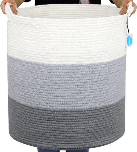 Miniatura 15 de Casaphoria Cesta de cuerda de algodón XXXL para sala de estar, cesta de almacenamiento tejida con asa larga para mantas, toallas y almohadas, cesta