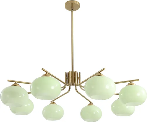 Miniatura 13 de KCO Lámpara de araña vintage de cristal verde con 3 luces de globo Sputnik, moderna lámpara de oro cepillado de mediados de siglo con montaje