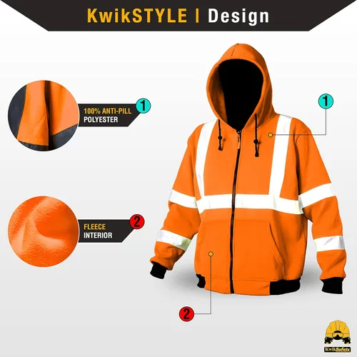 Miniatura 2 de KwikSafety - Charlotte, NC - Sudadera de forro polar de seguridad para hombres Chaqueta reflectante de alta visibilidad y PPE, ligera Naranja
