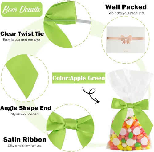 Miniatura 3 de AIMUDI Lazos con Alambre Giratorio para Bolsas de Golosinas 3.5" Lazos de Cinta de Satén Verde Manzana para Manualidades Lazos Prefabricados