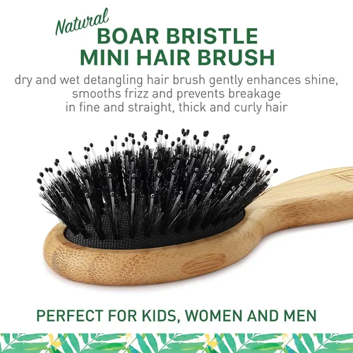 Miniatura 2 de Cepillo de pelo de cerdas de jabalí natural, tamaño mini, portátil, fácil de transportar para mujeres, hombres y niños; cepillo para desenredar seco