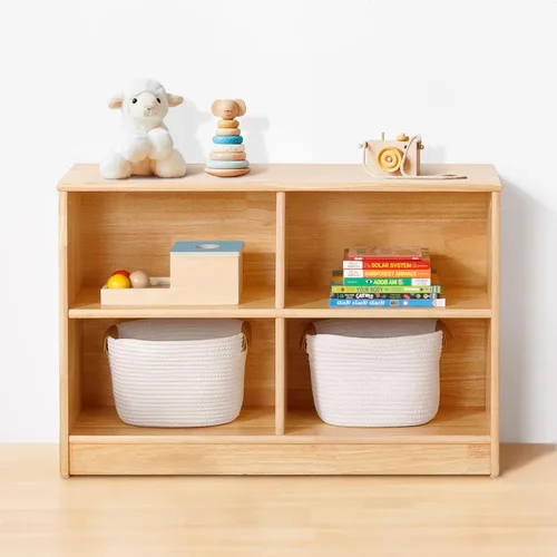 Miniatura 10 de OOOK Gabinete de Almacenamiento de Madera de Caucho de 3 Compartimentos, 35.4" L, Organizadores y Almacenamiento de Juguetes de 2 Niveles, Estante