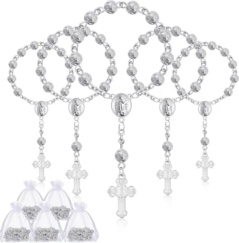 Sasylvia 30 piezas de recuerdos de bautismo, mini placa de rosario, cuentas de rosario de bautismo con cruz y 30 bolsas de organza para primera