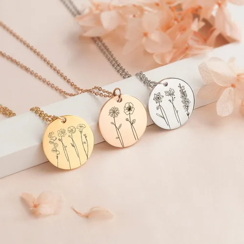 Miniatura 2 de Anavia Collar con múltiples flores del mes de nacimiento, conexión de familiares y amigos, collar de moneda floral grabado personalizado, regalo