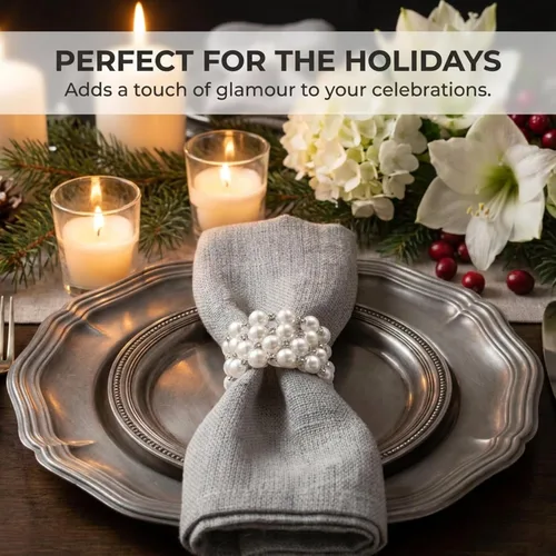 Miniatura 5 de Decozen Juego de 4 servilleteros blancos con diseño de perlas, festivo, decoración de mesa para vacaciones, bodas, cumpleaños, cocina, decoración
