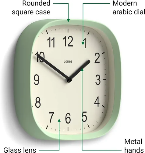 Miniatura 6 de JONES CLOCKS® Reloj de pared Sprite Reloj cuadrado redondo retro moderno 10 pulgadas Verde menta Neo Números fáciles de leer Perfecto