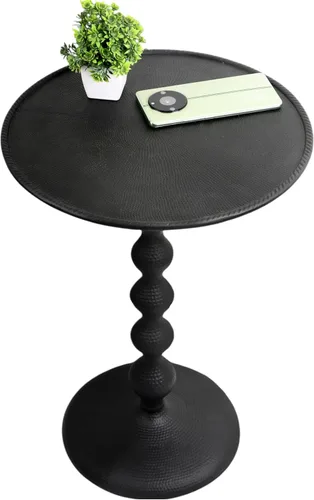 CLEENTABLE Mesa auxiliar redonda de metal, moderna mesita de noche negra con parte superior martillada para sala de estar, dormitorio, balcón y negro